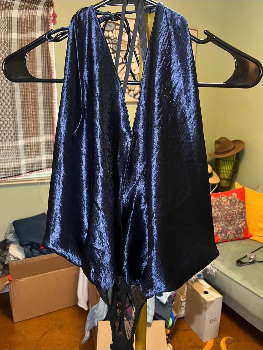 Free People Satin Navy Blue Deep V Bodysuit Sz Small